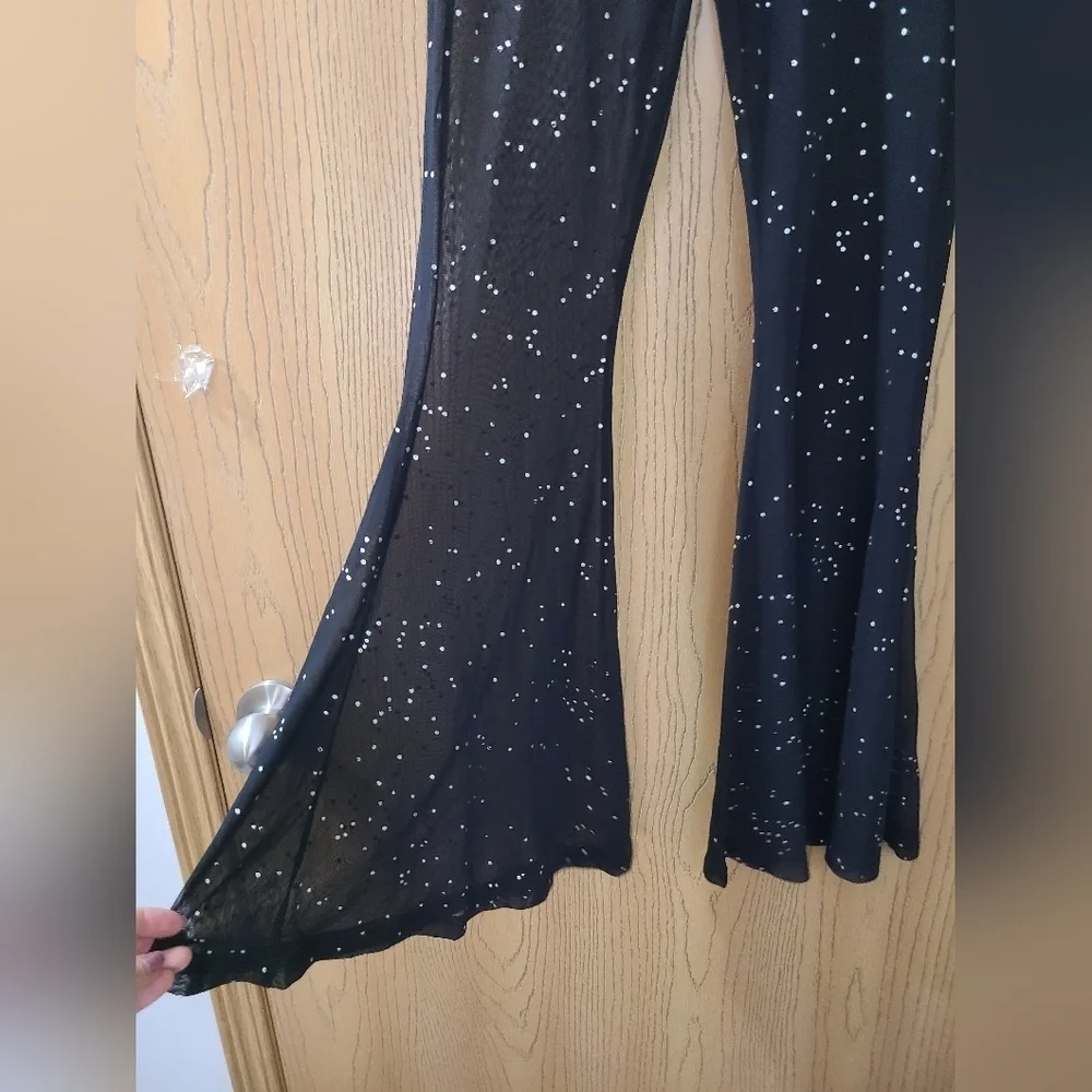 Sheer Mesh Silver Polka Dot Bell Bottom Swimsuit Coverup Rave Pants - Picture 2 of 3